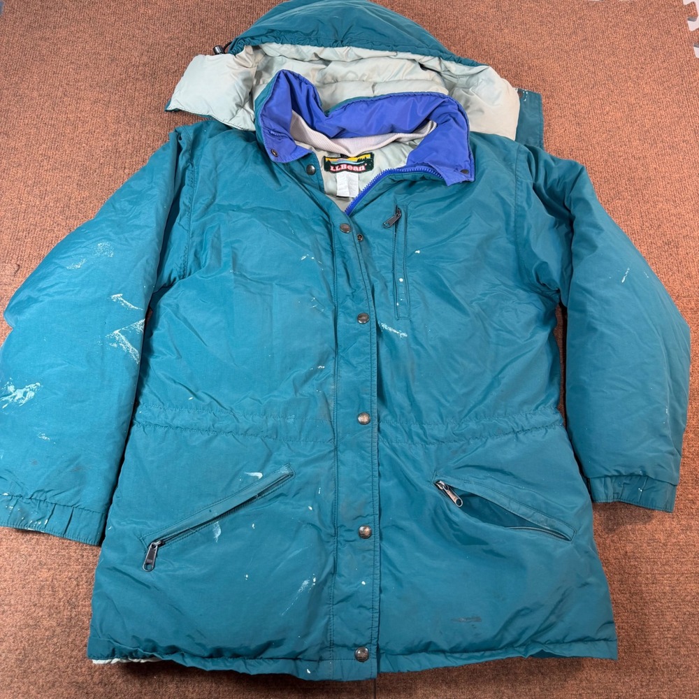 LL Bean Penobscot Parka Womens M Teal Goose Down Hooded Jacket Vintage USA Made